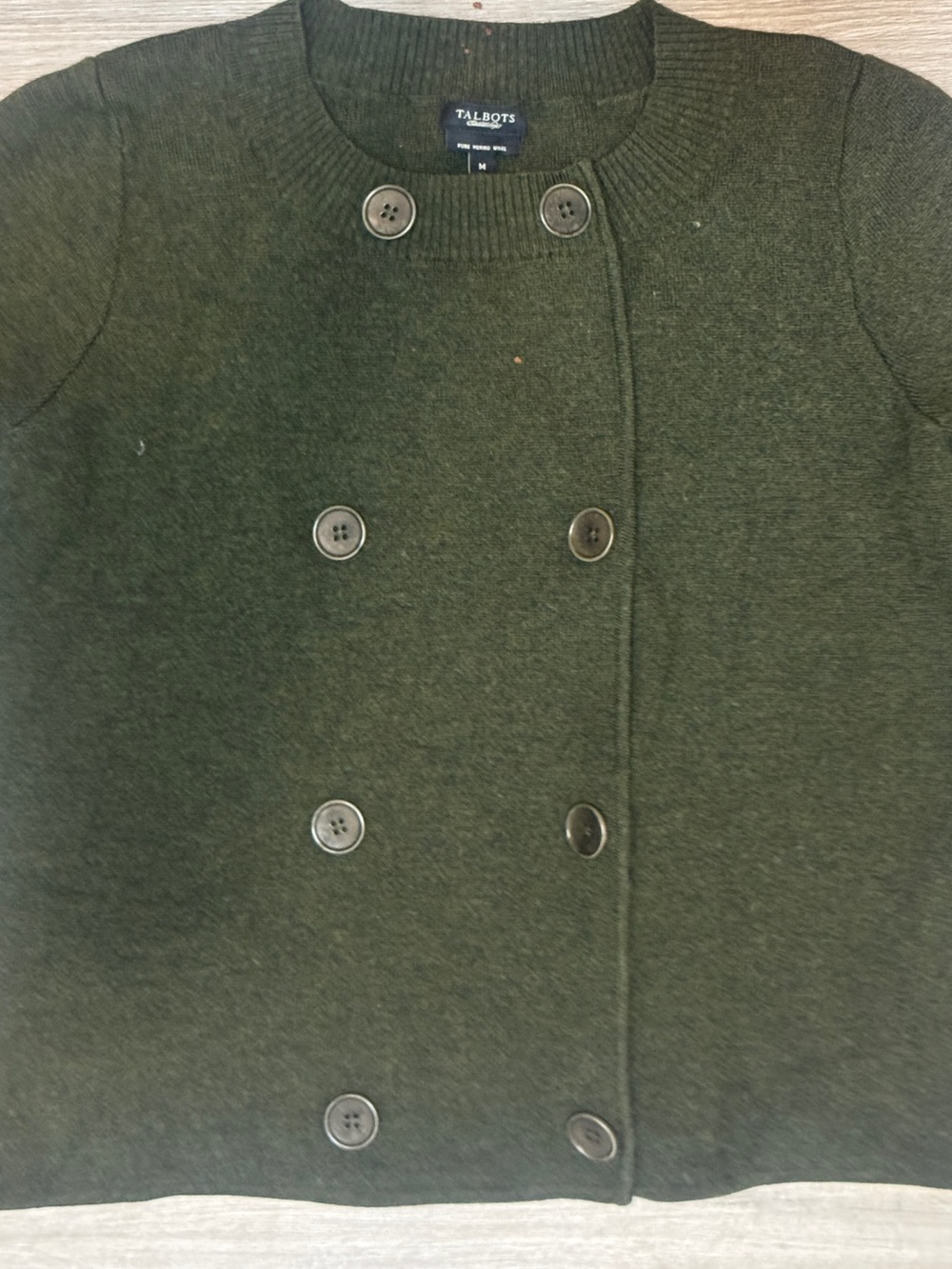Talbots 100% Merino Wool Olive Green Double-Breasted Short Sleeve Sweater